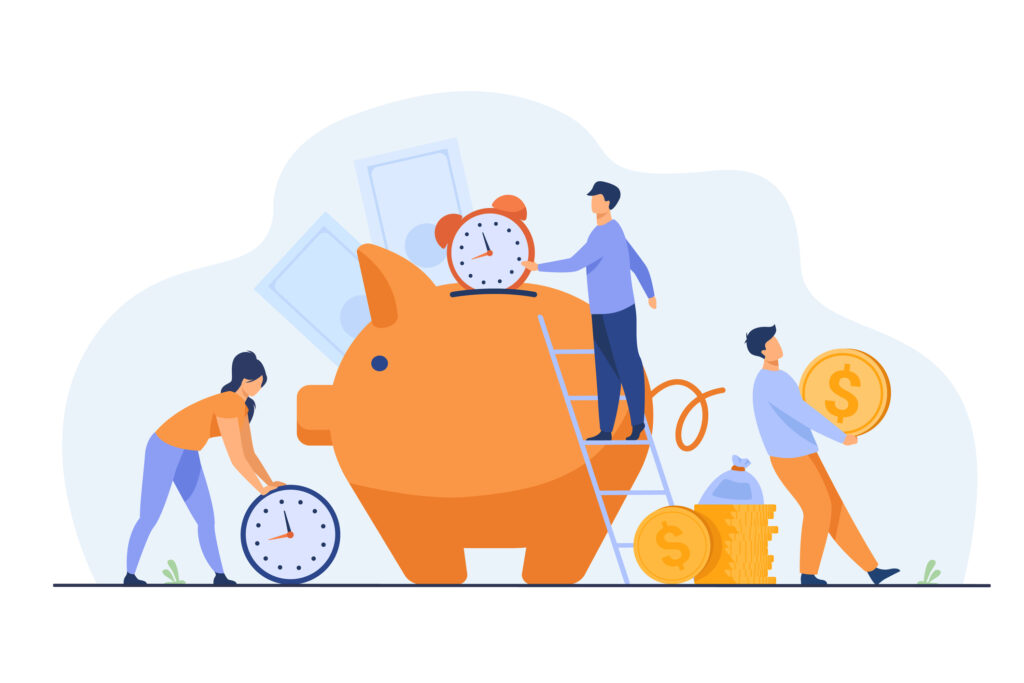 Rich people keeping cash and clocks in piggy bank. Vector illustration for time Is money, business, time management, wealth concept